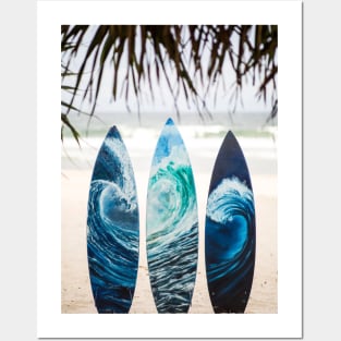 Surf boards with painted ocean waves on the beach with trees Posters and Art